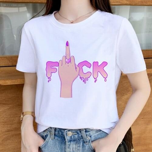 Middle Finger Cartoon White Top T Shirt Summer Aesthetics Graphic Short Sleeve Polyester T Shirts Female Camisetas Verano Mujer