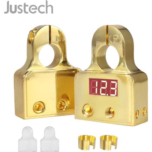 Justech Car Battery Terminal Connector With 12-24V Voltmeter Shims & -0/4/8 Or 10 Gauge AWG Positive Negative Battery Post Clamp