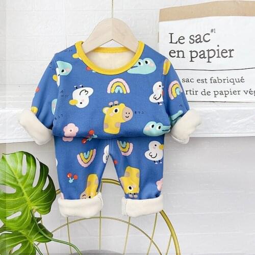 New Children Thermal Underwear Set Kids Cartoon Clothes Autumn Winter Warm Plus Velvet Thickened Trousers Girl Thermal Pajama