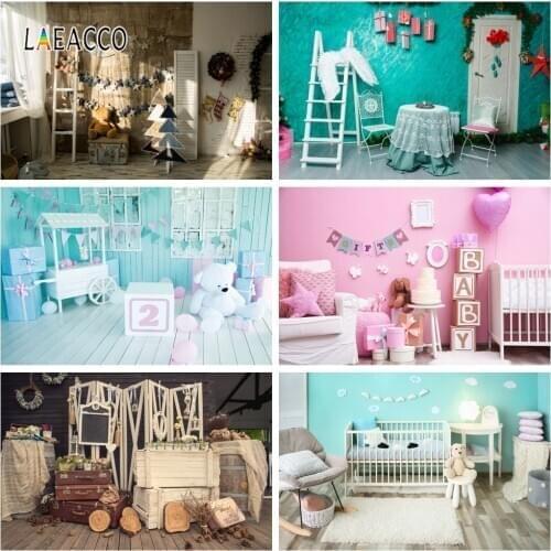 Laeacco 2nd Birthday Photophone Cart Candy Bar Gifts Bear Photography Backdrops Baby Portrait Photo Backgrounds Photozone Props