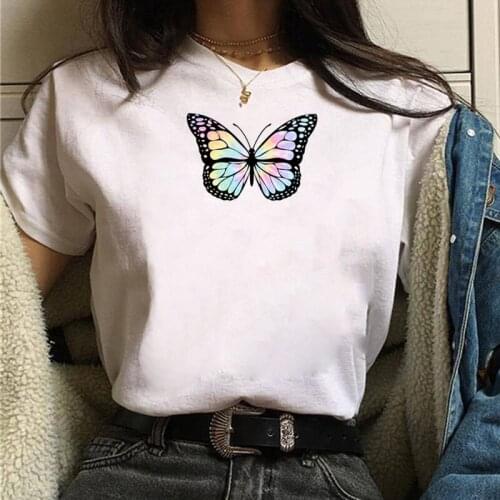 Fashion Women Tshirt Butterfly Printed Tops Female Casual T-shirt Summer Short Sleeve Tee Shirts Cute T-shirt Woman White Tshirt