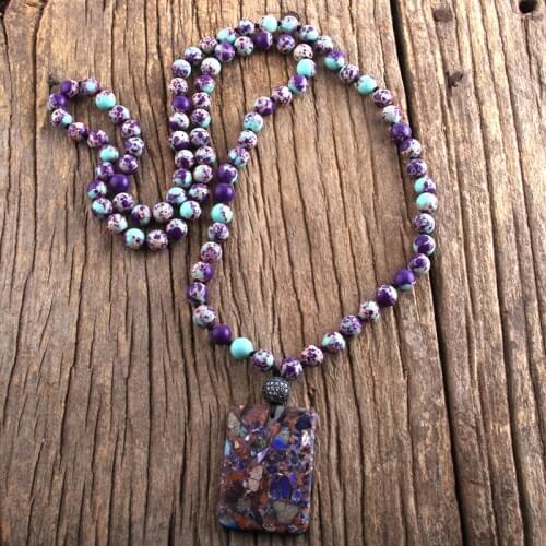 RH Fashion Bohemian Jewelry Gorgeous Gems Stones Knotte Pave Ball Semi Precious Rectangle Pendant Necklaces For Boho Necklace