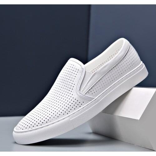 2021 New Style Men Cow Leather Casual Shoes Fashion Spring Summer Breathable Micropore Trend White Flat Shoes Leisure Loafers