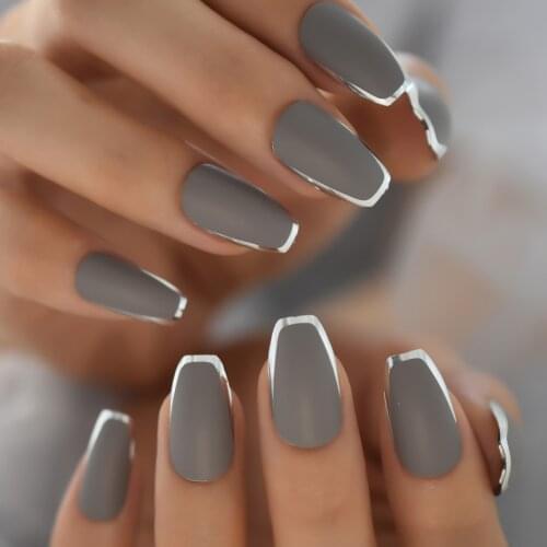 Reflective Sliver Edge Pure Gray Color Pre Designed Full Cover Fingernails Option Press On Nails Coffin Medium Supplies Gel Tips
