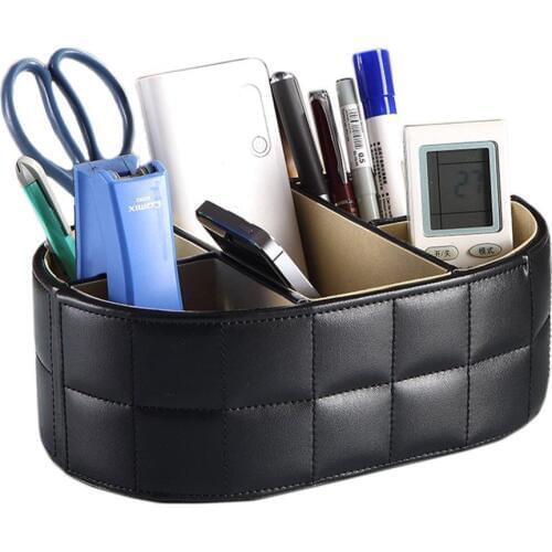 Desktop Faux Leather Organizer Wooden Stationery Remotes Storage Box Pencil Pen Holder Case For School Office Suppliers-Black