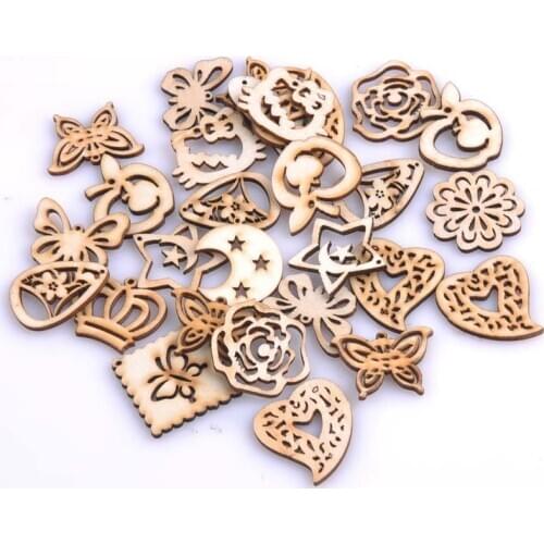 Natrual Wooden Mixed Pattern Artesanato Scrapbooking Hollow Craft for Home decoration 20-35mm 50pcs MT0691