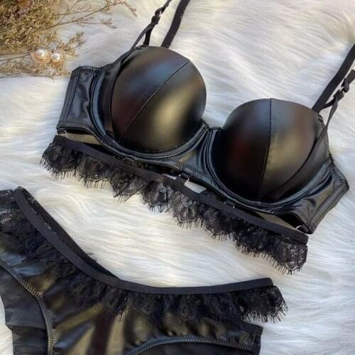 New leather sexy womens underwear, gathered fashion bra set, steel ring shaped underwear set, leather bra set