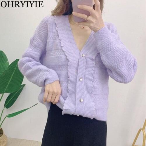 OHRYIYIE Women Sweaters Solid V-Neck Single Breasted Loose Female Cardigan Autumn Korean Style Solid Knit Coat Jackets Lady Tops