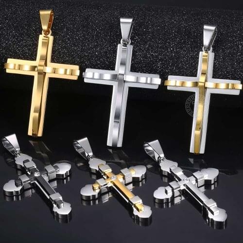 Davieslee 15 Styles Stainless Steel Cross Pendant for Men Gold Silver Color Multi Layers Clear CZ Trendy Jewelry DLKPP1