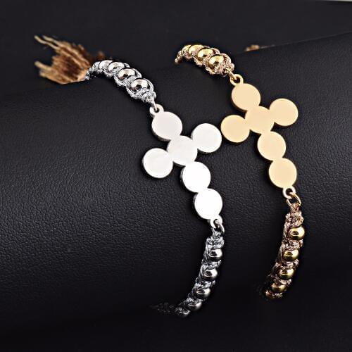 Religious Stainless Steel handmade Cross bangle knitted tassel beaded adjustable stretch bracelet wholesale&dropship Jewelry