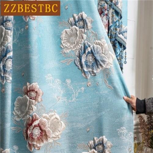 Luxury 3D Thick Blue Jacquard Blackout Bedroom Living Room Kitchen Decorative Curtains High-End Custom Curtains With Valance
