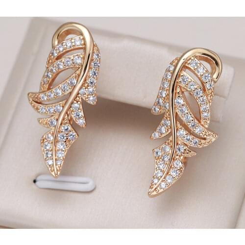 Kinel Luxury 585 Rose Gold Leaf Stud Earrings for Women Micro-wax Inlay Natural Zircon Bridal Wedding Jewelry Crystal Earrings
