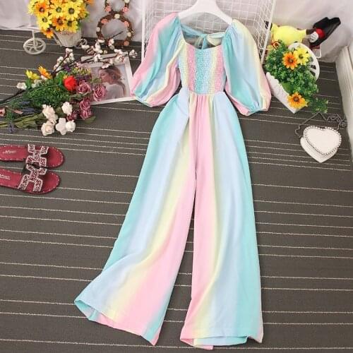 Chiffon Jumpsuits Women Gradient puff sleeves High Waist jumpsuit 2021New Summer Bohemian Vacation jumpsuit Fashion Female Hot