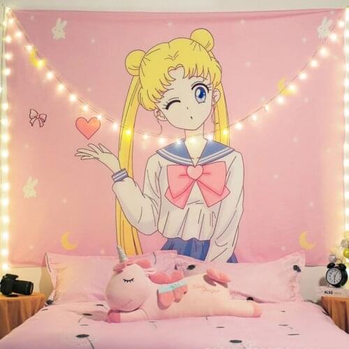 Cute Polyester Tapestry Kawaii Decor Pink Room Anime Moon Wall Hanging Tapestry Cloth Japanies Style Cat Rabbit Nordic Home Deco