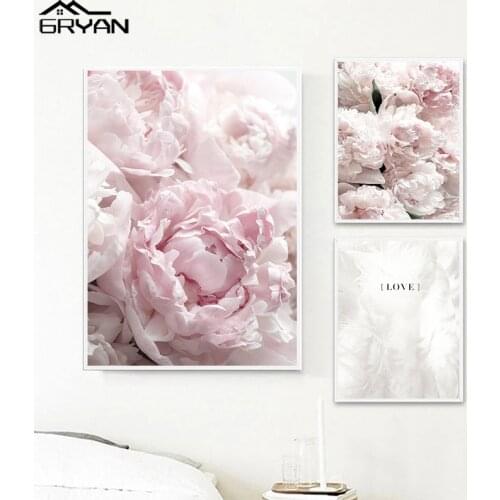Scandinavian Pink Bloom Peony Flower Canvas Poster Floral Love Quote Feather Print Painting Wall Art Picture Living Room Decor