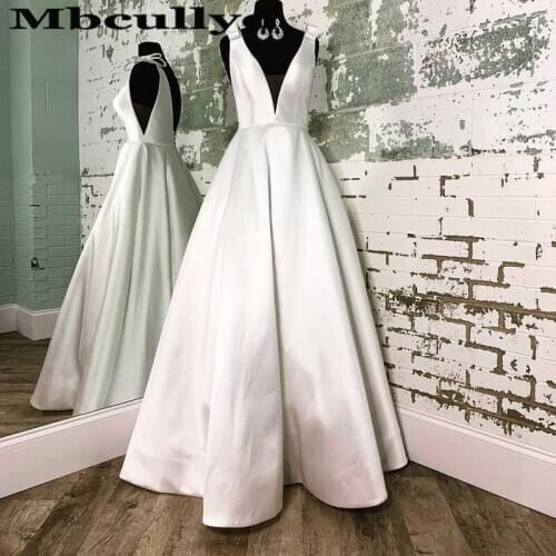 Mbcullyd Alluring V-neck Prom Dresses Long 2020 White Satin Evening Party Gowns For Women A-line vestidos de fiesta de noche