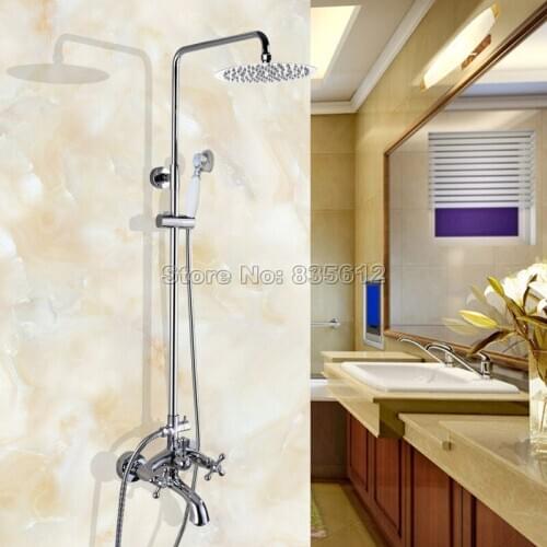 Modern Bathroom Chrome Rain Shower Faucet Set with Ceramic Handheld Shower + 8 inch Shower Head and Tub Mixer Tap Wcy353