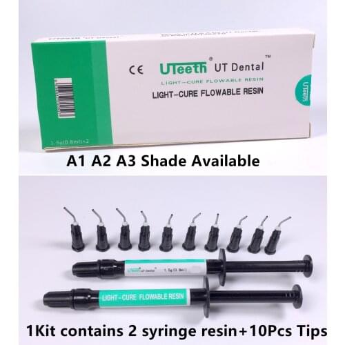 UT Dental Flowable Composite Flow Resin Light Cure 2 Syringe Kit A1 A2 A3 Color Shade Dispensing Tips Tooth Filling Material