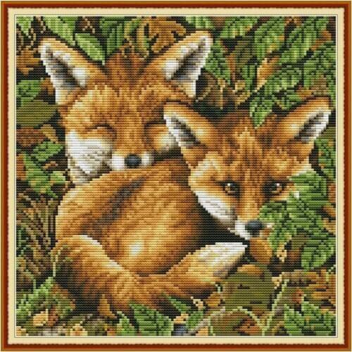 Joy Sunday Cross Stitch Two Fox Animal Cotton Thread Painting 11&14CT DIY Embroidery Needlework DMS Cross Stitch Pattern Kits