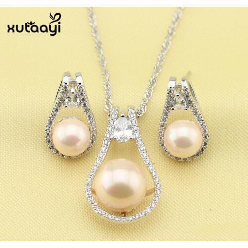 Imitation Pearl Jewelry Sets, Attractive White Crystal Sterling Silver Overlay Earrings and Necklace For Women Free Gift Box