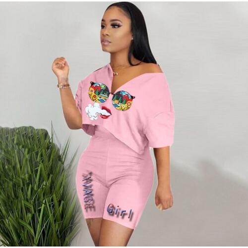 Letter Printing Two Piece Set Women Tracksuit Summer Clothes Short Sleeve Crop Top Biker Shorts Lounge Set Dresy Damskie 2020