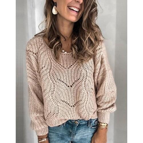 Autumn Elegant Solid Color Sweaters Jumper Women Casual Long Sleeve Knitted Sweater Tops Lady Winter V-Neck Hollow Out Sweater