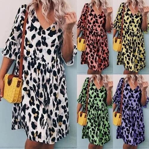 Summer New Womens Loose V-neck Leopard Print Dress Polyester Casual Loose Sexy Nightclub Mid-sleeve Mid-length Dress Streetwear