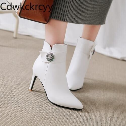 Winter The New fashion Pointed Fine heel 8CM Martin boots white Side zipper Plus cashmere Keep warm High heel Women boots 34-48