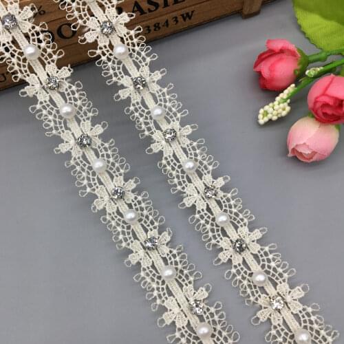1 Yard Apricot Pearl Beaded 3D Lace Trim Tape Lace Ribbon African Fabric Collar Wedding Dress Sewing Garment Headdress Materials