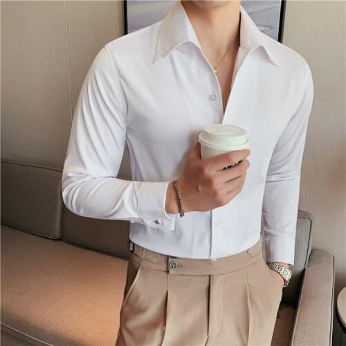 2021 Autumn Long-sleeved Shirts Men Solid Color V-neck Casual Slim Shirt Business Office Formal Dress Social Party Men Clothing