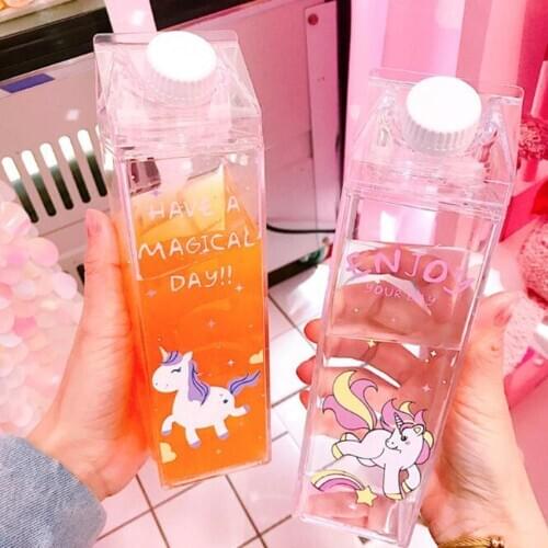 500ml Cute Unicorn Milk Carton Water Bottle BPA Free Transparent Plastic Sports Water Bottles Portable Kids Clear Milk Cup