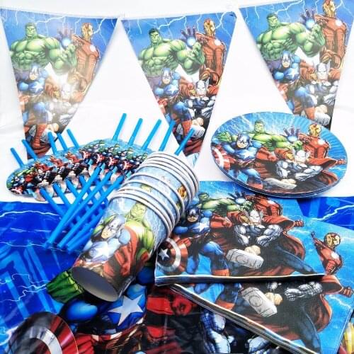 82pc Superhero Avengers Kids Birthday Party Supplies Tableware Plates Cups Napkin Straw Tablecloth Decoration Baby Shower Favors