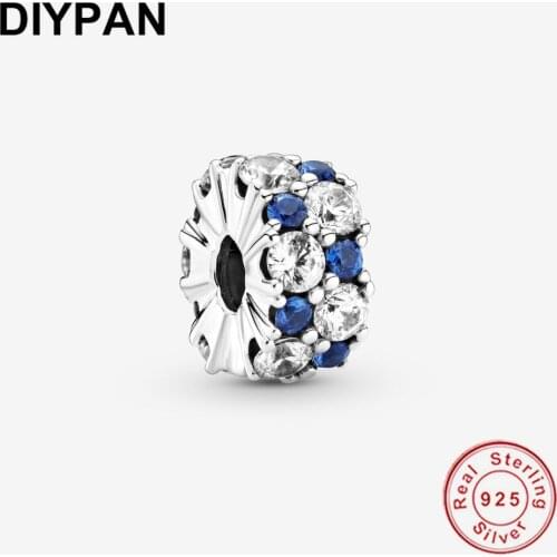 925 Sterling Silver Clear & Blue Sparkling Clip Charm Fit Original Pandora Charms Bracelets Silver Bead Bangle Women Jewelry