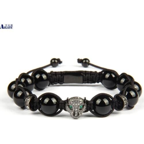 Ailatu New Clear Cz Leopard Braiding Panther Bracelet with 10mm Natural Black Onyx Stone Beads