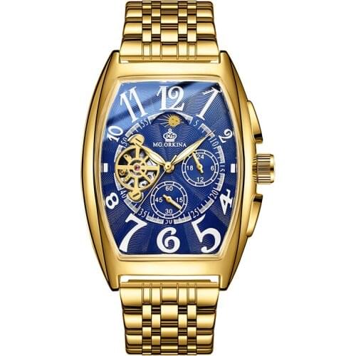 ORKINA Golden Classic Automatic Mechanical Watches Waterproof Men Outdoor Watches Skeleton Rectangle Moon Phase Wristwatch Reloj