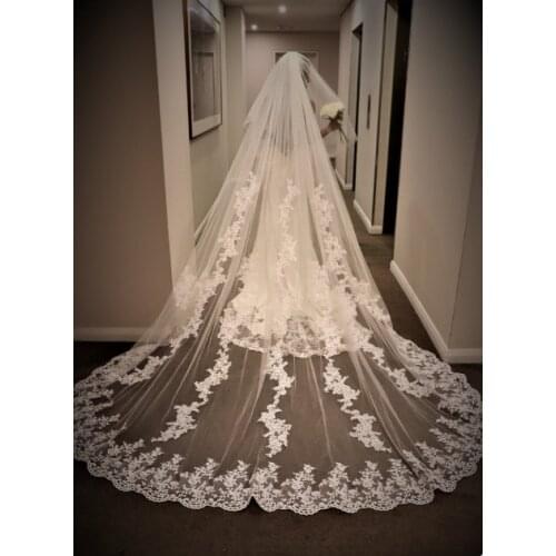 Floral Lace Cathedral Wedding Veil, Bridal Cathedral veil with Comb, Two tier Wedding Veil, Wedding Blusher Veil