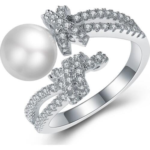 Brand TRACYSWING Real Zirconia White Gold Color Micro Inlays Simple Bowknot Pearl Open Rings for Women Anti Allergies 103222