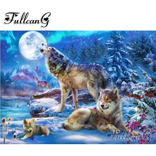 FULLCANG diy 5d diamond mazayka moon snow wolf dimond painting full square/round drill animals embroidery rhinestone kit FC989