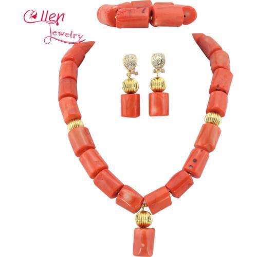 Nigerian Wedding beads Jewelry Set natural Coral Beads Necklace Set Bracelet Earrings African beads Jewelry Set E1188