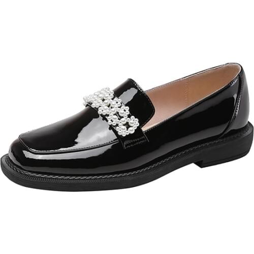 GUIDIBASICGenuine Leather Loafers Low Heel Womens Shoes Square Head Soft And Comfortable Beaded Shoes D49-JH02853