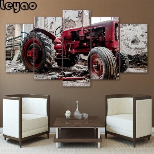 5Pcs Diamond Painting Full Square Red Retro Tractor Cross Stitch Wall Art Home Decor Diamond Embroidery Mosaic Multi-Picture