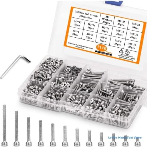 Stainless Steel Hex Button Screws Nuts Set M3 Hexagon Screw Assortment with Wrench Washers 1110 Pieces M17E