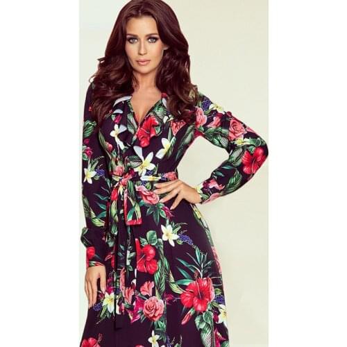 NORMOV Plus Size Women Dress Print V Neck Long Sleeve Autumn Slim Dress Loose Femme Casual Long Dresses