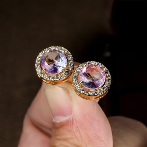 Charming Blue Purple Round Stone Earrings Vintage Yellow Gold Rainbow Crystal Zircon Stud Earrings For Women Engagement Jewelry