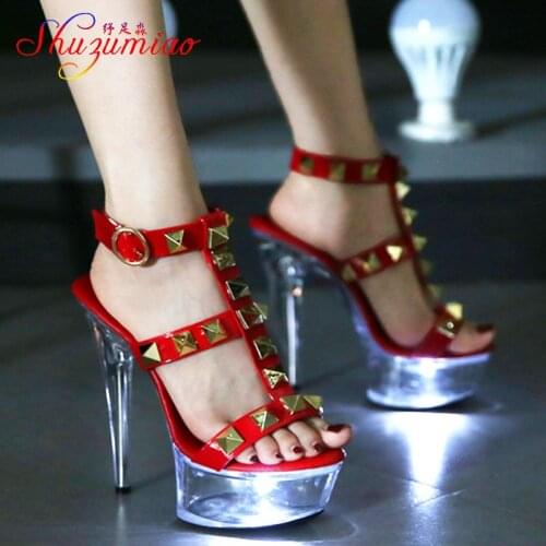 Hollow Rivet Strap Sandals Women Transparent Glowing Petals Platform Club High Heels Sexy Gladiator Slides On Lady Lights Shoes