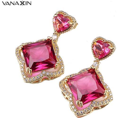 VANAXIN Wine Red Earrings CZ Crystal For Women Big Zircons Fashion Jewelry Drop Earring Party Gift Heart Shape For Girlfriend