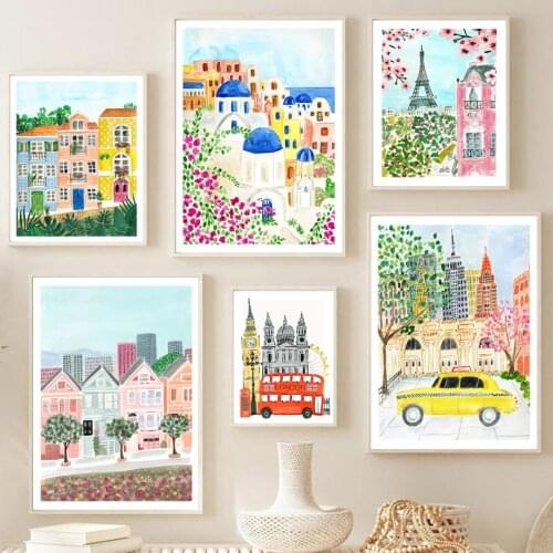 New York Venice Paris Tower San Francisco Santorini Nordic Poster Wall Art Print Canvas Painting Decor Pictures For Living Room