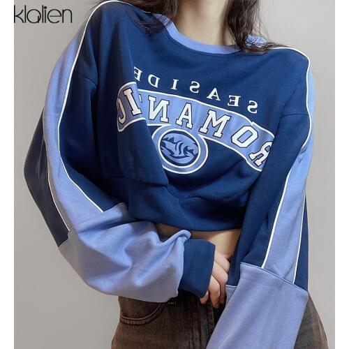 KLALIEN Fashion Print Letter Long Sleeve O neck Loose Pullovers Hoodie Autumn New Casual Street Soft Cotton Wild Sweatshirt Lady