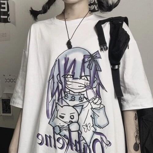 Harajuku Summer Women Streetwear Tops Gothic Kawaii Retro Anime White Short Sleeved Oversized T-shirt HipHop T Shirt Top y2k