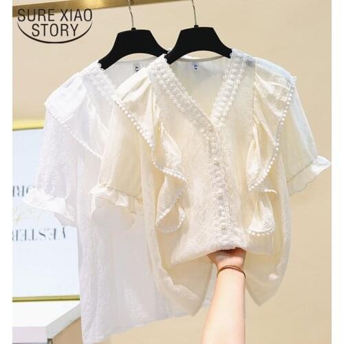 2021 Summer Women Shirts Blouse Korean Ruffle Stitching Puff Sleeve Women Top V Neck Loose Pleated Lace Female Short Shirt 15159